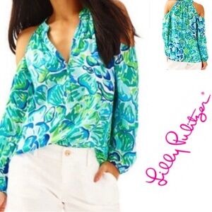 Lilly Pulitzer Silk Sunny Shoulder Elsa Top in Agate Green Lazy River - …